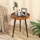 Round end table with sea shell decoration and epoxy resin finish, featuring a brown teak wood top and sturdy mahogany.