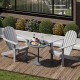 Gray acacia wood Adirondack chairs with inclined seats and wide armrests, perfect for backyard relaxation.