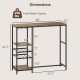 Long bar table in rustic brown with dimensions, featuring storage shelves and wine racks for versatile use.