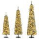 Three artificial Christmas trees, 4/5/6 feet tall, with realistic snow and LED lights for festive home decoration.