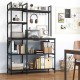 5-tier black bakers rack featuring a charging station, ample storage, and 10 S-shaped hooks for kitchen organization.
