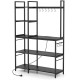 5-tier black bakers rack showcasing sturdy construction, adjustable foot pads, and ample space for kitchen essentials.