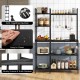 5-tier black bakers rack featuring sturdy shelves, power outlets, and 10 S-shaped hooks for kitchen organization.