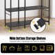5-tier black bakers rack featuring wide bottom storage shelves and adjustable foot pads for stability in the kitchen.