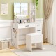 White vanity stool with flip top storage, cushioned seat, and non-slip foot pads, perfect for small spaces.