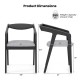 Product dimensions of a black wooden dining chair with rubber wood frame, padded cushion, and armrests, weight capacity.