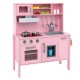 Wooden pretend play kitchen set in pink with oven, sink, and cooking accessories for toddlers' imaginative play.