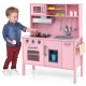 Pink wooden pretend play kitchen set for toddlers with removable sink, stove, and cooking accessories for imaginative.