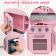 Close-up of the pink wooden pretend play kitchen set showing the microwave, oven, and ice maker for toddlers'.