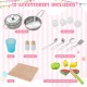 Wooden pretend play kitchen accessories set including pot, pan, ice cubes, spice jars, and cutting fruits for toddlers.
