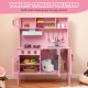 Wooden pretend play kitchen set for toddlers in pink, featuring storage, removable sink, and cooking accessories for.