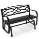 Black 2-person outdoor glider bench with ergonomic design, slatted seat, and geometric pattern for patio relaxation.