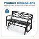 2-person outdoor glider bench with black metal frame, ergonomic design, and smooth gliding motion for patio relaxation.