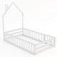 Twin size Montessori floor bed in white with house shape, lockable door, and full-length guardrails for safe sleeping.