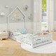 Twin size Montessori floor bed in white with house shape, full-length guardrails, and lockable door for safe sleep.