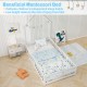 Twin size Montessori floor bed in white with guardrails, promoting independent sleep habits for children in a playful.