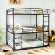 Metal triple bunk bed in black with safety guardrails and two ladders, ideal for space-saving in smaller rooms.