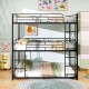 Metal triple bunk bed in black with safety guardrails and two ladders, perfect for space-saving in smaller rooms.