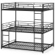 Metal triple bunk bed in black with safety guardrails, two ladders, and space-saving design for small rooms.