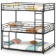 Metal triple bunk bed in black featuring a low frame and two integrated ladders, designed for easy access in smaller.