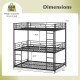 Metal triple bunk bed in black with safety guardrails, dimensions 77” x 56”, designed for space-saving in small rooms.