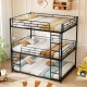 Metal triple bunk bed in black with powder-coated slats and anti-topping kits, designed for safety and stability in.