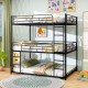 Metal triple bunk bed in black with safety guardrails and two ladders, perfect for space-saving in small rooms.