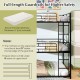 Metal triple bunk bed in black with full-length guardrails and two ladders, ideal for space-saving in small rooms.