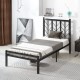 Twin size platform bed showcasing a sleek metal frame design with anti-slip foot pads for floor protection and.