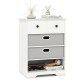 Modern white 4-drawer dresser with open shelves, featuring removable fabric drawers and a spacious tabletop for.