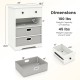 4-drawer modern chest storage organizer in white with open shelves, featuring dimensions and weight capacities for.