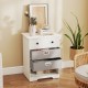 Modern 4-drawer dresser in white with open shelves, featuring removable fabric drawers for versatile storage solutions.