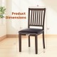 Upholstered modern dining chair with slanted high backrest, brown, featuring dimensions for easy placement in various.