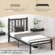 Twin size platform bed with headboard, powder-coated metal frame, compatible with various mattress thicknesses.