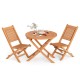 Outdoor bistro set featuring a round teak wood table and two folding chairs, perfect for backyard dining.