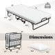 Twin size rollaway folding bed with a 4-inch mattress, heavy-duty frame, and dimensions for easy storage and mobility.