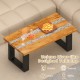 Teak wood patio table with river-like epoxy tabletop, perfect for indoor or outdoor use, ideal for snacks and drinks.