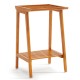 Freestanding towel rack made of premium Indonesian teak with a storage shelf, perfect for bathrooms and pools.