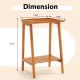 Freestanding towel rack with storage shelf, made of Indonesian teak, featuring smooth edges and dimensions of 19.5" x.