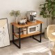 Teak wood end table with open shelves, showcasing a coffee machine and decor, perfect for living room or hallway use.