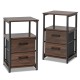 Set of 2 walnut bedside tables with removable fabric drawers and sturdy metal frame, ideal for bedroom or living room.