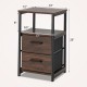 Walnut bedside table with removable fabric drawers, metal frame, and open shelves, ideal for bedroom or living room use.