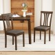 Set of 2 brown wooden dining chairs with linen fabric upholstery and slatted backrests, perfect for home or cafe.