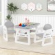 Kids table and chair set in gray with building blocks, featuring a spacious desktop and ergonomic design for ages 1-5.