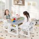 Kids table and chair set in gray with building blocks, featuring a spacious desktop and bottom storage shelf for toys.