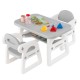 Kids table and chair set in gray with building blocks, featuring a spacious desktop and ergonomic design for children.