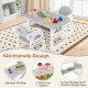 Kids table and chair set in gray with spacious desktop, 2 cup holders, and bottom storage shelf for toys and snacks.