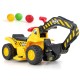 Kids ride-on excavator with folding basketball hoop, yellow design, arm lift handle, and realistic sounds for fun play.