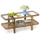 2-tier coffee table with a tempered glass top, solid acacia wood frame, and PE rattan shelf for stylish storage.