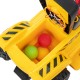Yellow kids' ride-on excavator with hidden storage, featuring three colorful balls and a foldable basketball hoop.